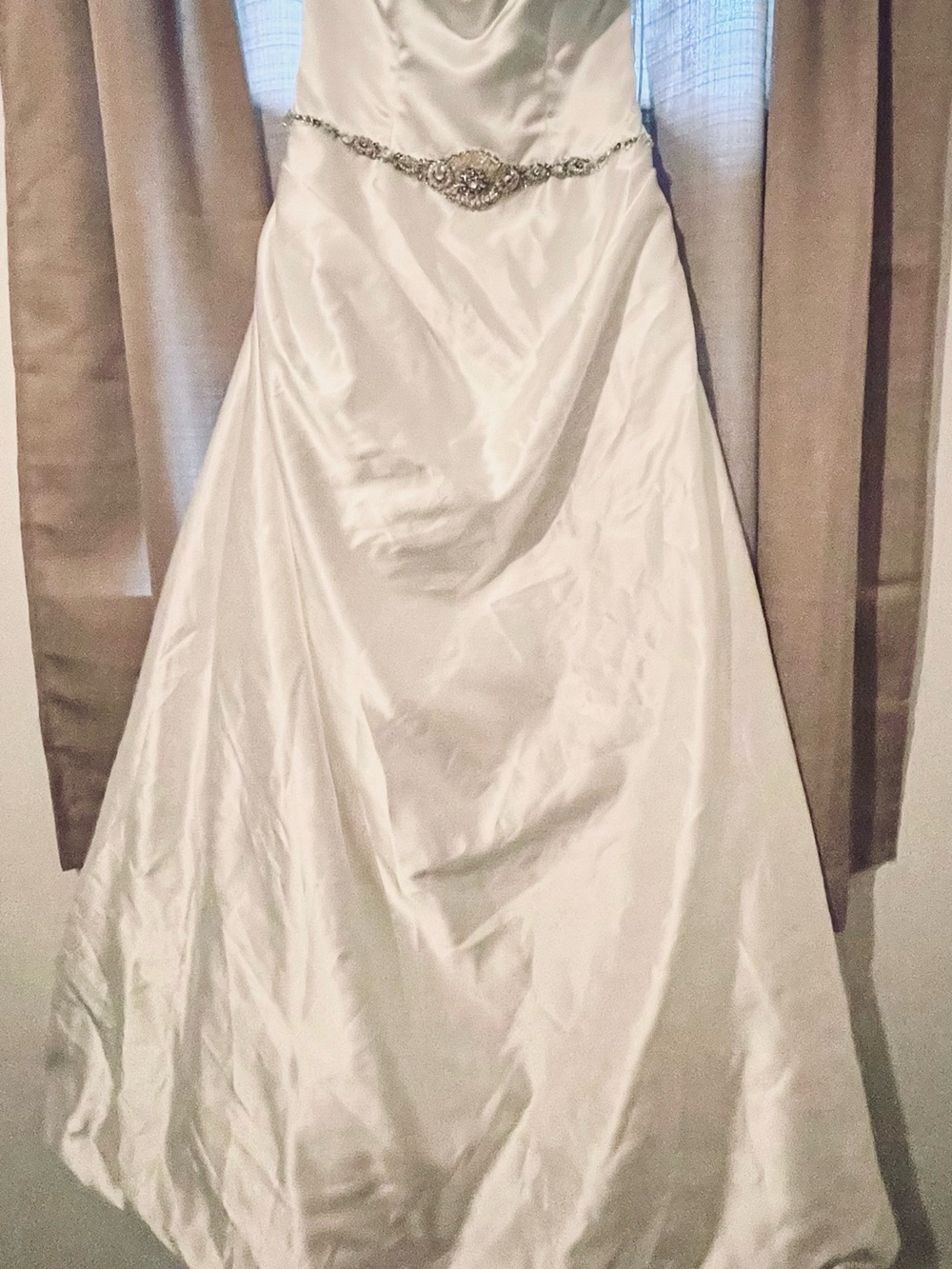 Anjolique White Satin Wedding Dress with Beaded Waist Accent